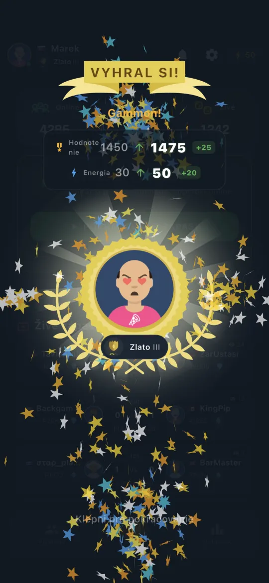 Winning screen showing a gammon (mars) result
