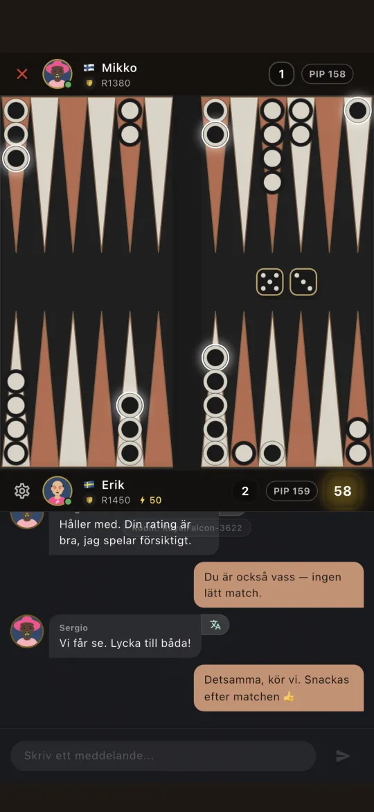 Backgammon board mid-game with the dice rolled