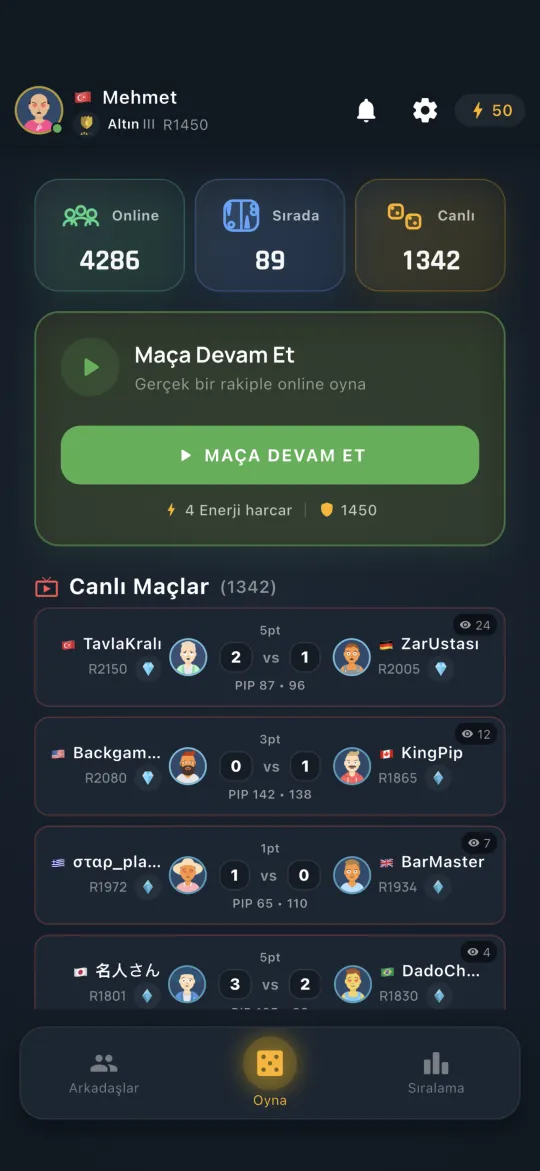 Home hub with online, queue and live match counts
