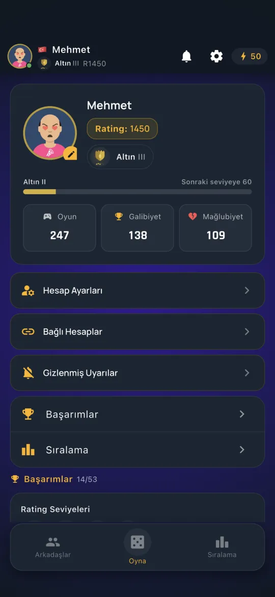 Player profile with achievements